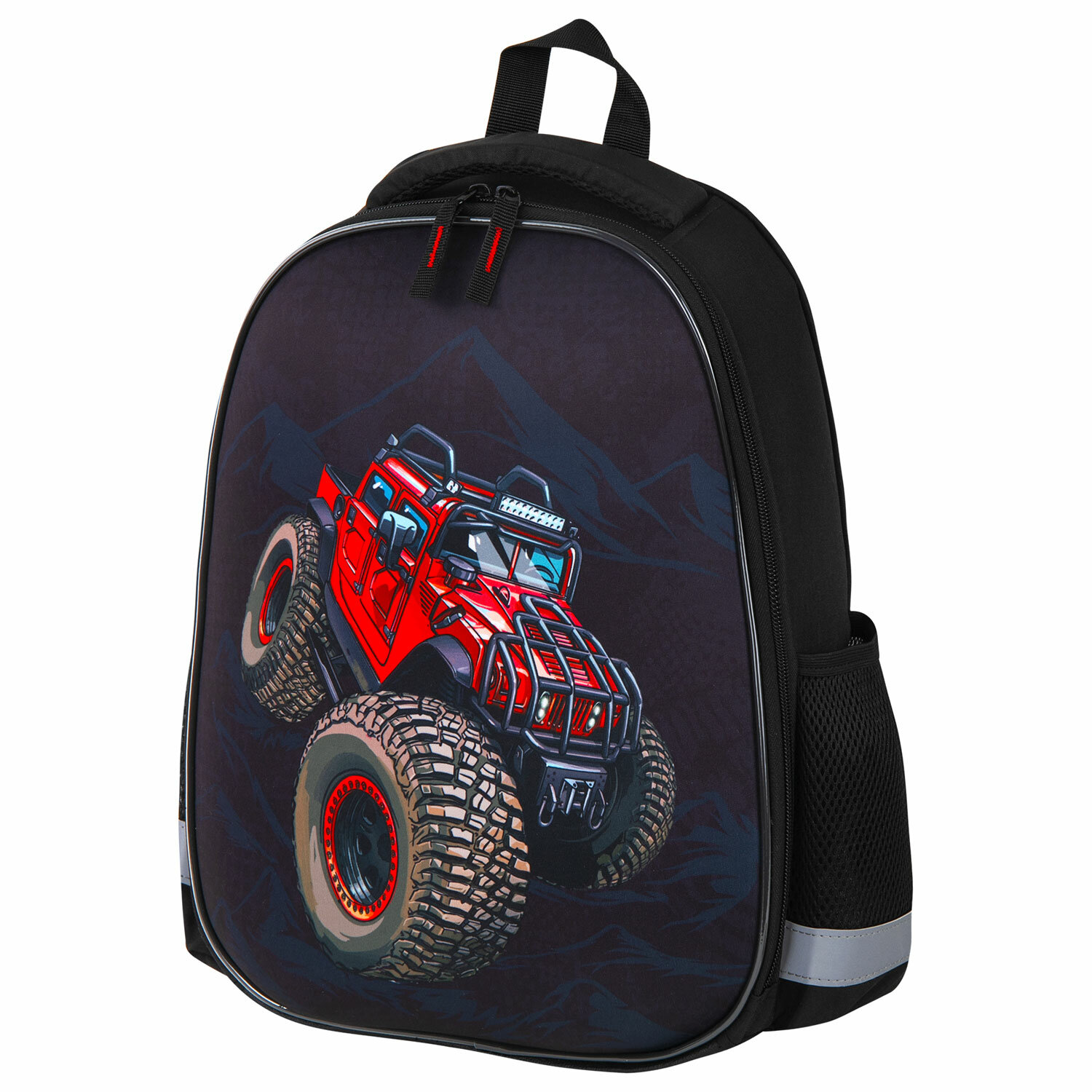 

Ранец ПИФАГОР EVA BASIC Big wheels, анатомическая, вентилируемая, формоустойчивая спинка, 1 отделение, черный (271378)