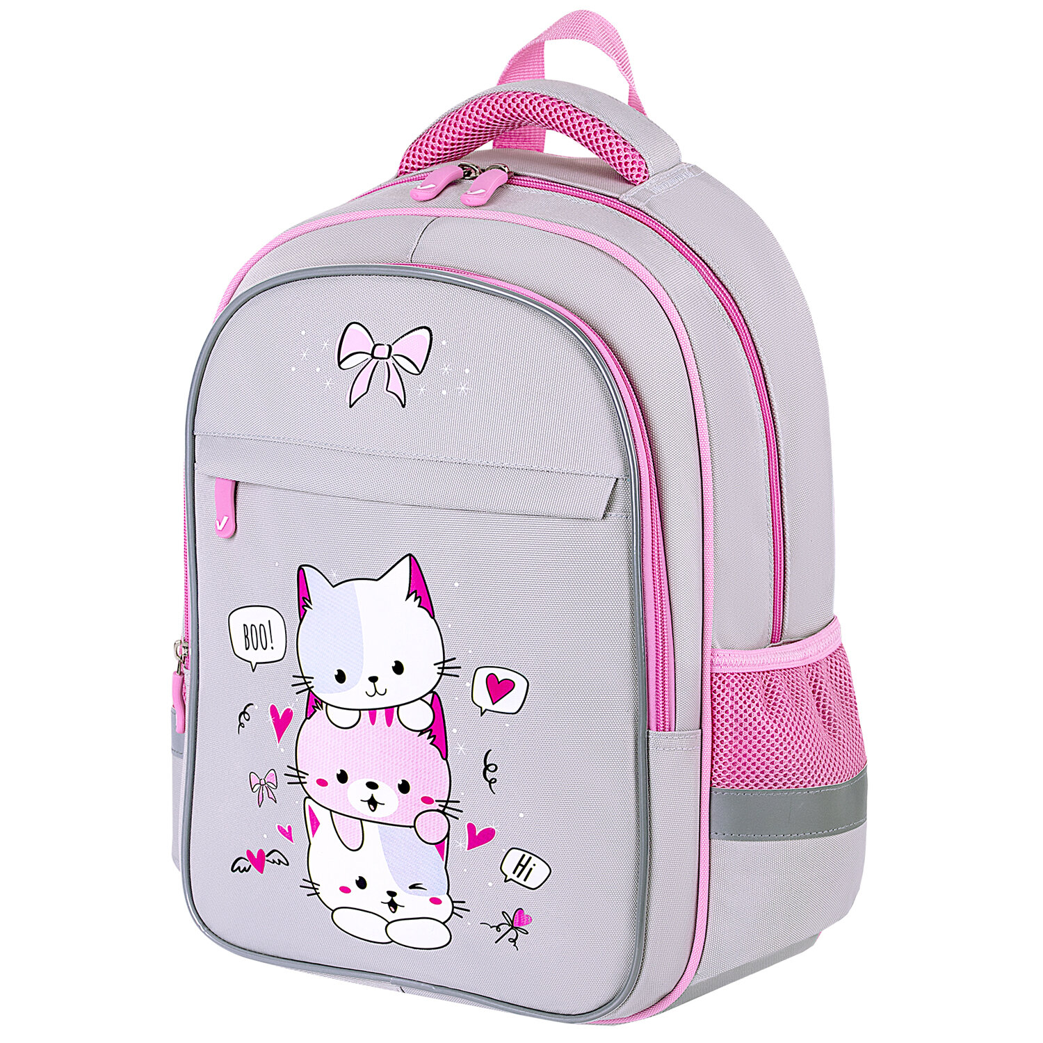 

Рюкзак Brauberg FAVOUR Fluffy kittens, анатомическая, вентилируемая, формоустойчивая спинка, 2 отделения, серый/розовый (271417)