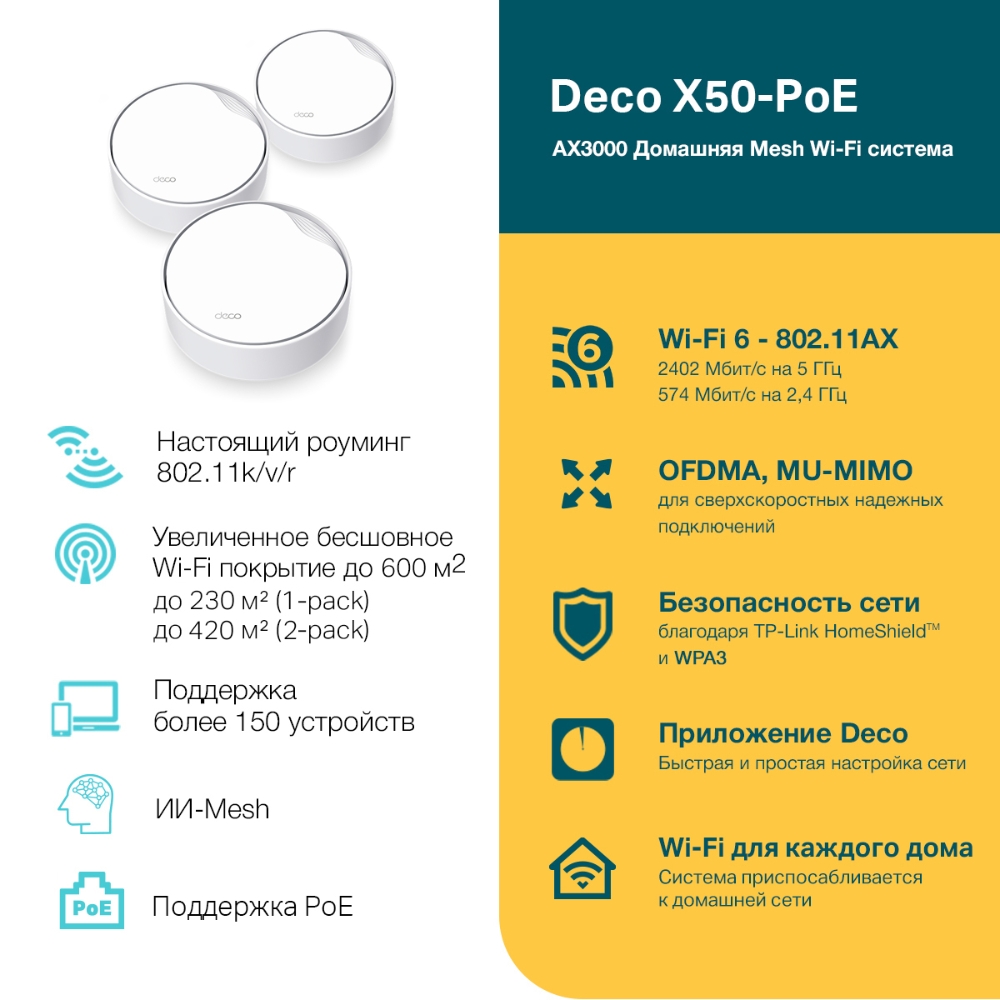 Mesh система TP-LINK Deco X50-PoE, до 2976 Мбит/с, комплект 3, 1182863  купить по цене 30800 руб в Новосибирске в интернет-магазине e2e4