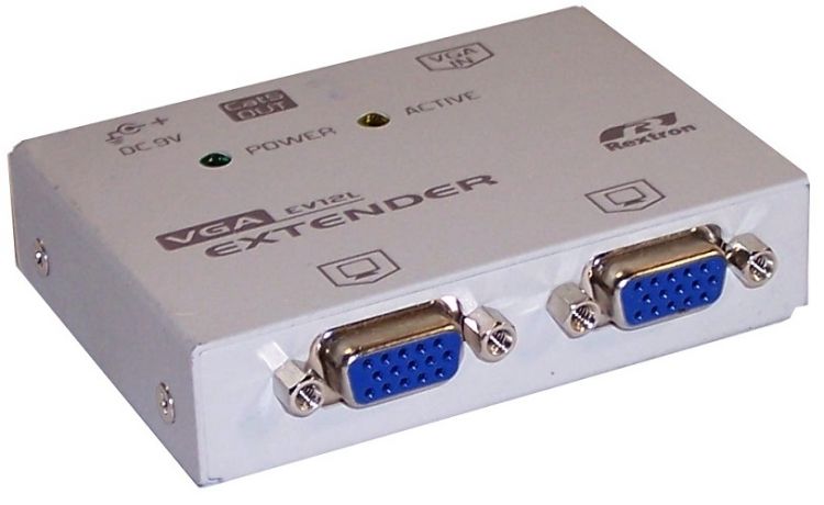 Удлинитель VGA REXTRON EV-12L, 1xVGA-2xVGA, 1280x1024, по витой паре до 150м, передающий блок (EV-12L) б/у, после ремонта, следы эксплуатации, комплект полный