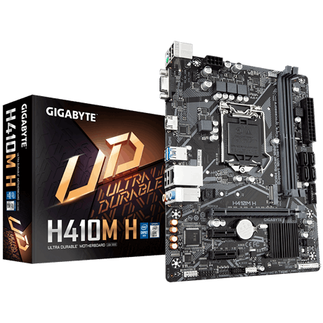 Материнская плата GIGABYTE H410M H, Socket1200, Intel H410, 2xDDR4, PCI-Ex16, 4SATA3, 7.1-ch, GLAN, 4, VGA, HDMI, mATX, Retail б/у, после ремонта, следы эксплуатации, комплект: упаковка, задняя планка
