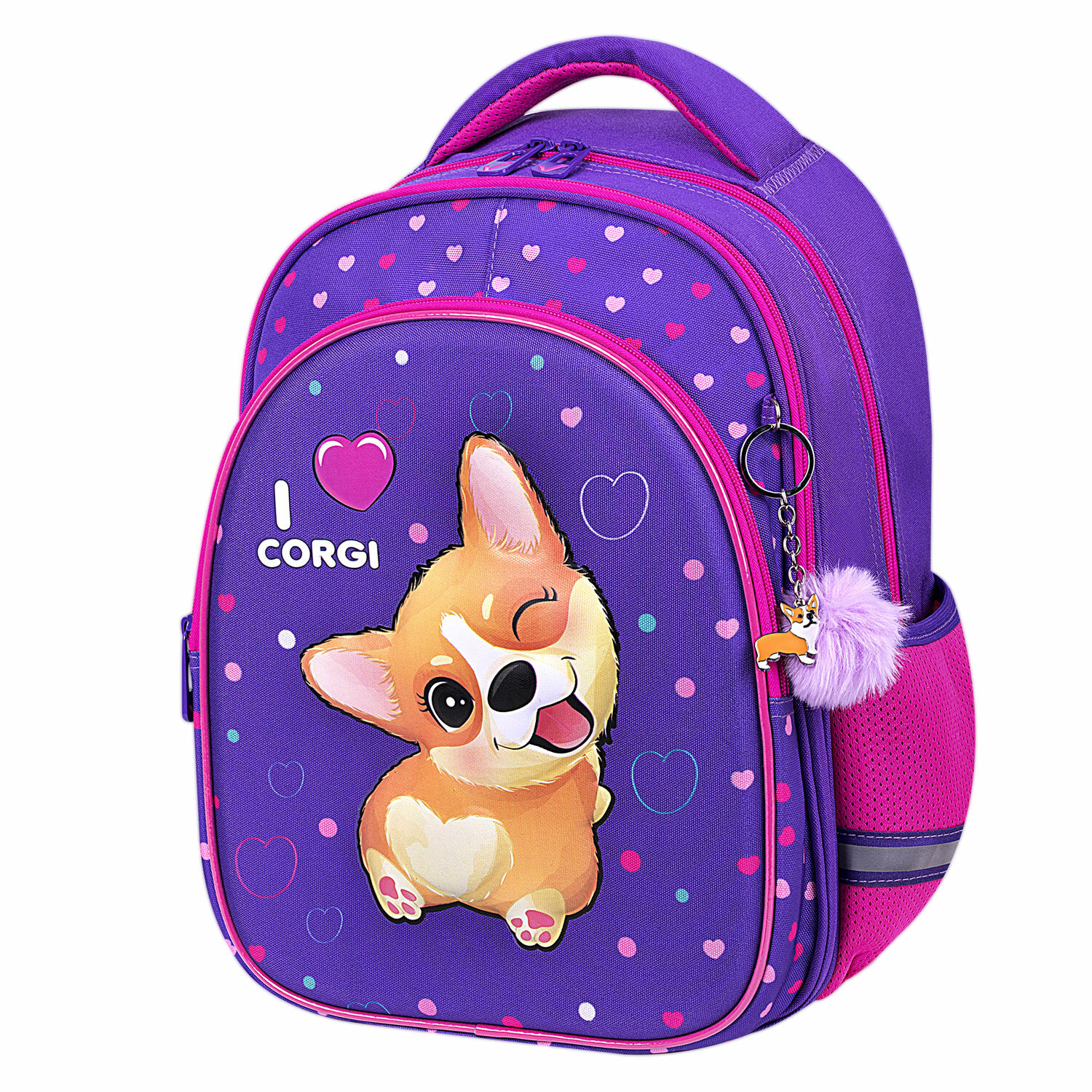

Рюкзак Brauberg OPTIMA I love corgi, анатомическая, вентилируемая, формоустойчивая спинка, 2 отделения, фиолетовый/розовый (271360)