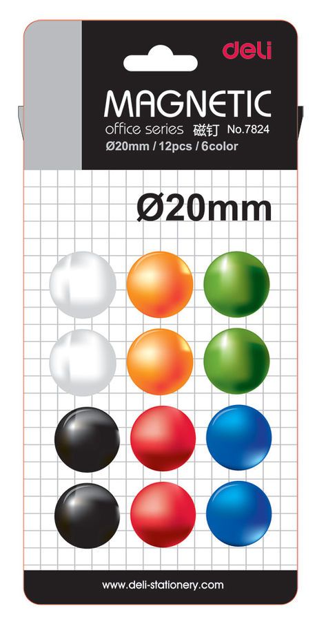 Магнит Deli E7824, Магниты для досок - упаковка блистер 12 шт, диаметр d=20мм, круглые., ассорти