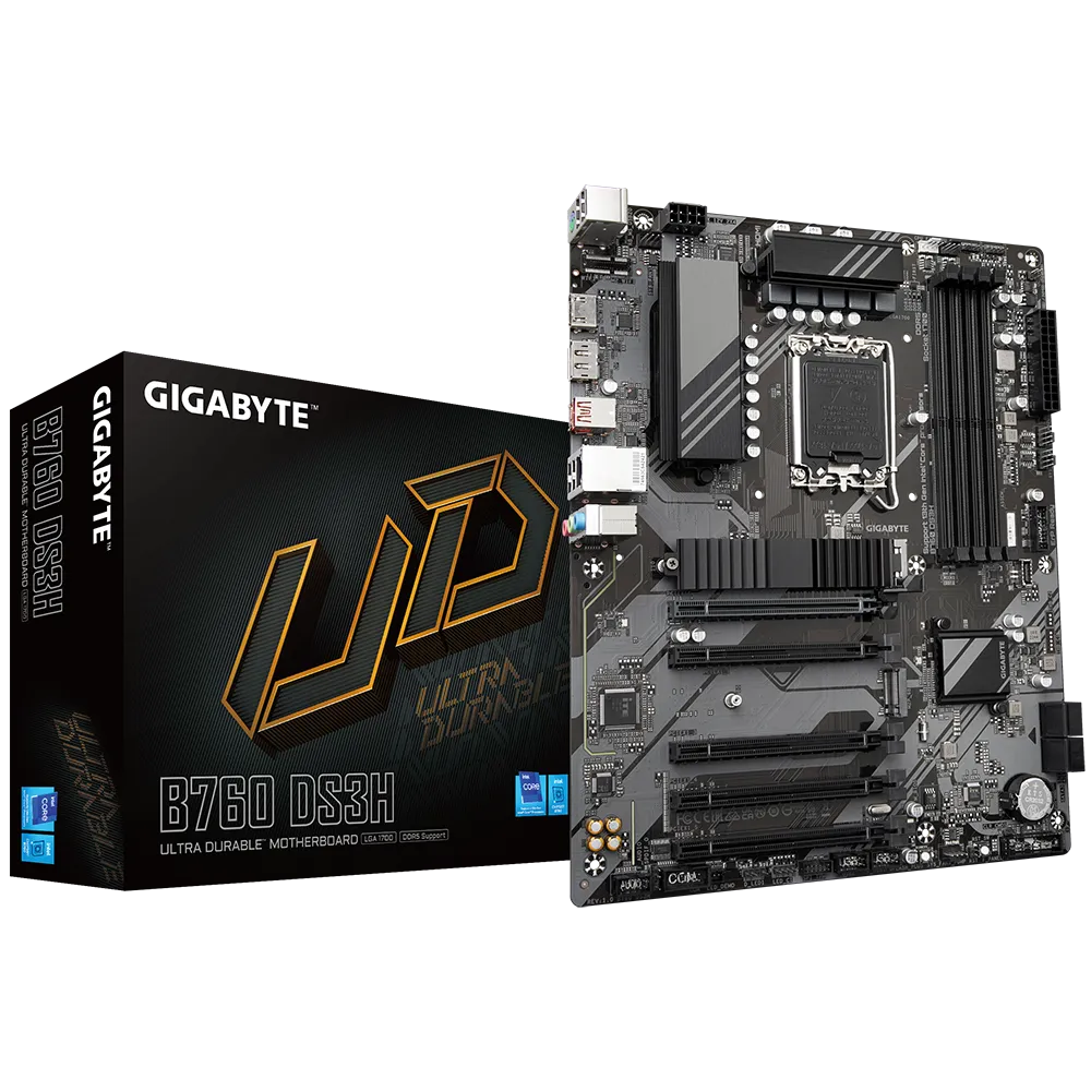 

Материнская плата GIGABYTE B760 DS3H, Socket1700, Intel B760, 4xDDR5 DIMM, PCI-Ex16, 4SATA3, 7.1-ch, GLAN, 3 USB 3.2, 2 USB Type-C, HDMI, DP, ATX, Retail, B760 DS3H