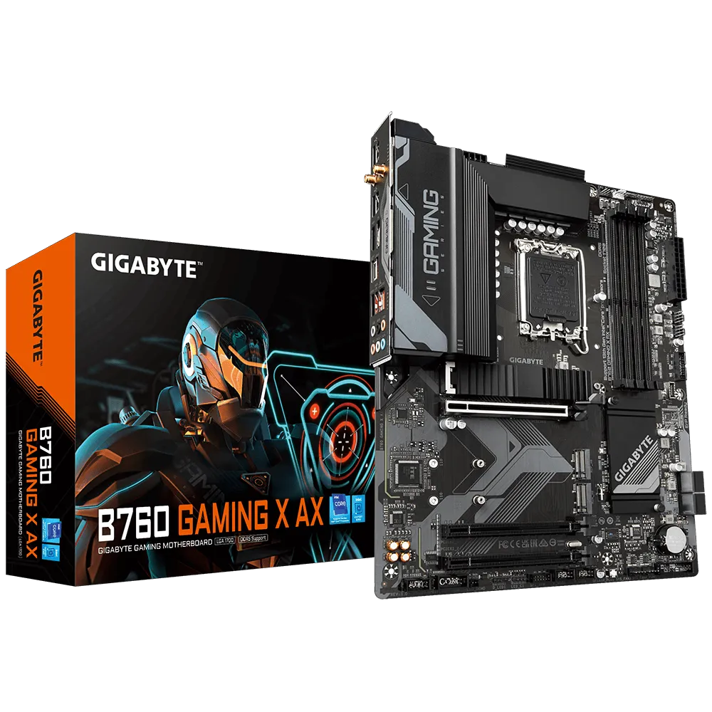 

Материнская плата GIGABYTE B760 GAMING X AX, Socket1700, Intel B760, 4xDDR5 DIMM, 3PCI-Ex16, 4SATA3, 7.1-ch, 2.5GLAN, 4 USB 3.2, 2 USB Type-C, HDMI, DP, ATX, Retail, B760 GAMING X AX