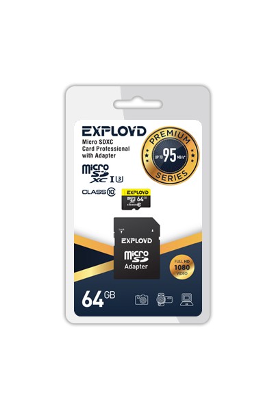 Карта памяти 64Gb microSDXC EXPLOYD Premium Class 10 UHS-I U3 + адаптер (EX064GCSDXC10UHS-1-ElU3)