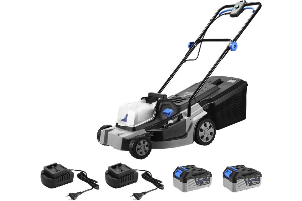 

Колесная газонокосилка DEKO DKLM40V PRO, электрическая, аккумуляторная, Li-Ion, 4 А·ч, 20 В, ширина скашивания 40 см, высота скашивания 2 см-5.75 см, 96 дБА, объем травосборника 40л., 16.8 кг, 2 АКБ + 2 ЗУ (063-3008), DKLM40V PRO