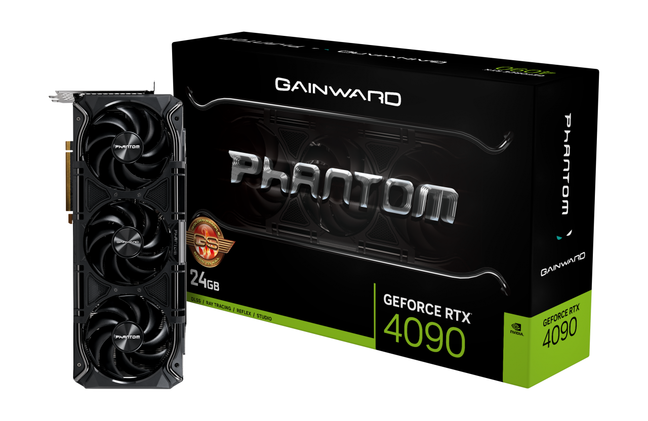 

Видеокарта GAINWARD NVIDIA GeForce RTX 4090 PHANTOM GS, 24Gb DDR6X, 384 бит, PCI-E, HDMI, 3DP, Retail (NED4090S19SB-1020P), PHANTOM GS