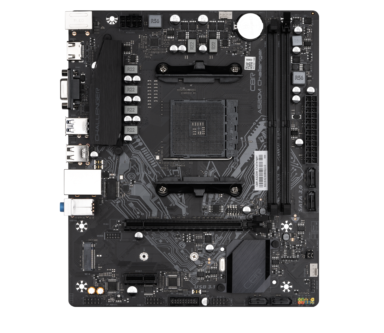 

Материнская плата CBR A520M Challenger, SocketAM4, AMD A520, 2xDDR4, PCI-Ex16, 4SATA3, 7.1-ch, GLAN, 2 USB 3.1, VGA, HDMI, mATX, Bulk, A520M Challenger