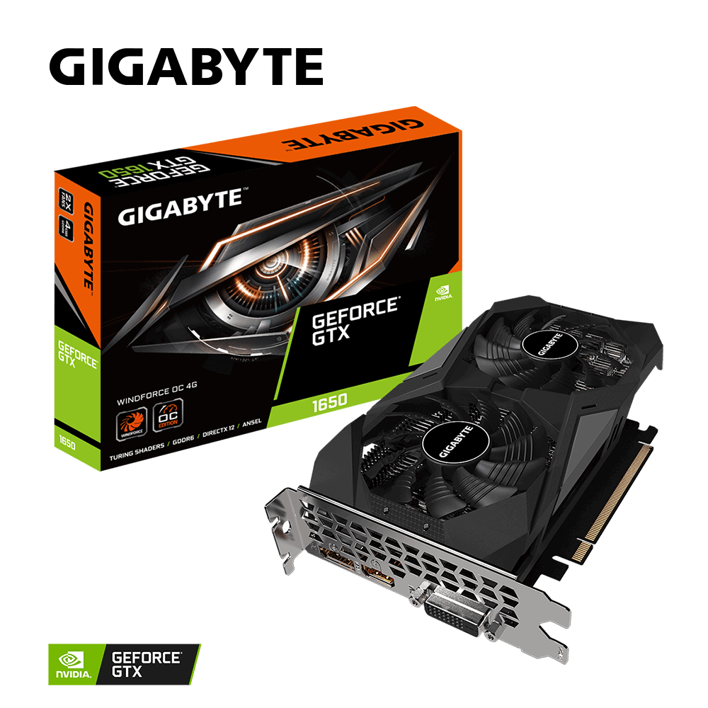 

Видеокарта GIGABYTE NVIDIA GeForce GTX 1650 D6 WINDFORCE OC 4G, 4Gb DDR6, 128 бит, PCI-E, DVI, HDMI, DP, Retail (GV-N1656WF2OC-4GD 2.0), D6 WINDFORCE OC 4G