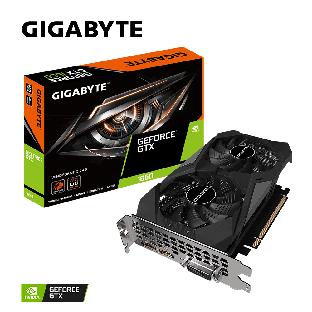 Видеокарта GIGABYTE NVIDIA GeForce GTX 1650 D6 WINDFORCE OC 4G, 4Gb DDR6, 128 бит, PCI-E, DVI, HDMI, DP, Retail (GV-N1656WF2OC-4GD 2.0) - фото 1