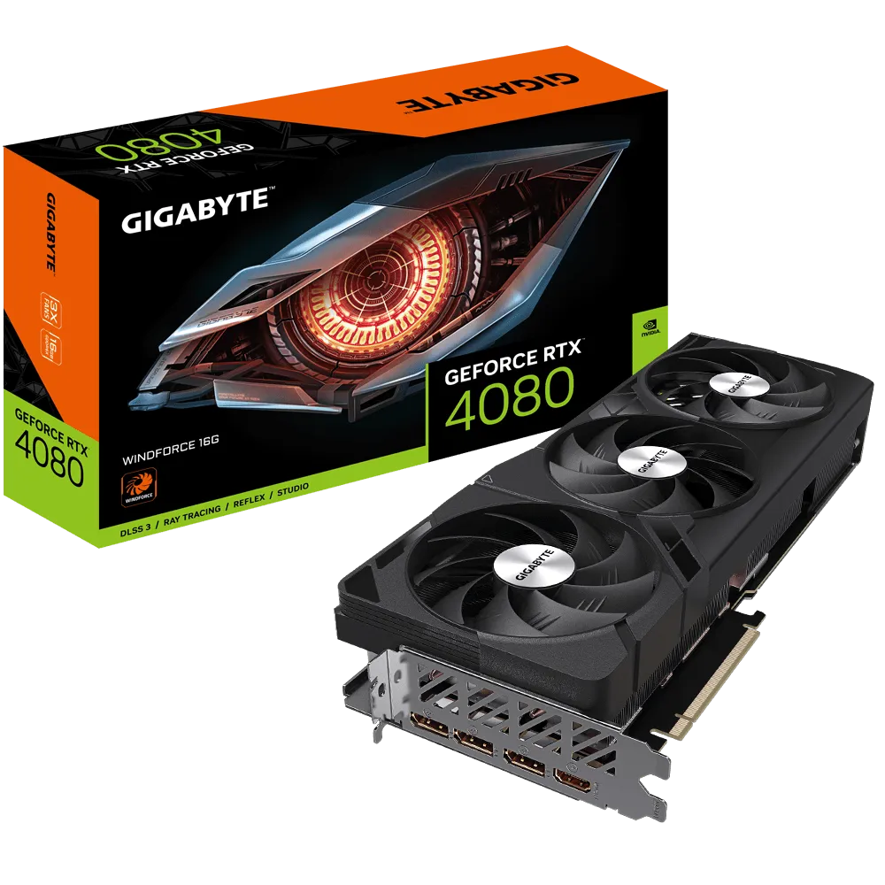 

Видеокарта GIGABYTE NVIDIA GeForce RTX 4080 WindForce, 16Gb DDR6X, 256 бит, PCI-E, HDMI, 3DP, Retail (GV-N4080WF3-16GD), WindForce