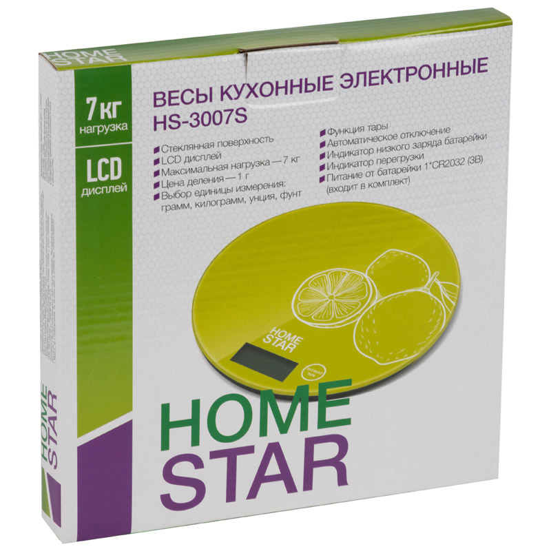 

Кухонные весы электронные HomeStar HS-3007S 7 кг, 1 х CR2032, принт (лайм) (003043), HS-3007S
