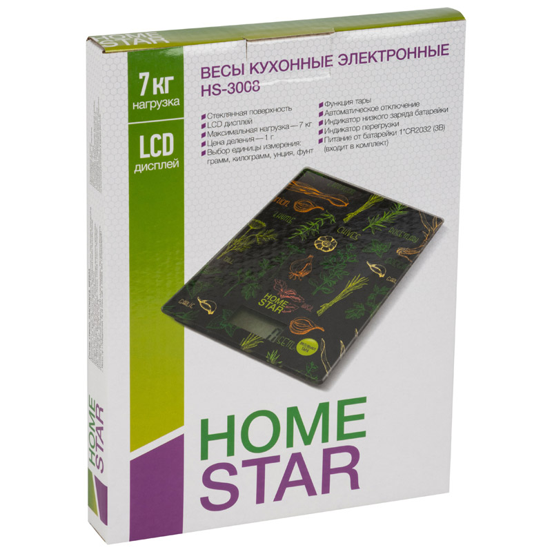 

Кухонные весы электронные HomeStar HS-3008 7 кг, 1 х CR2032, принт (специи) (003041), HS-3008