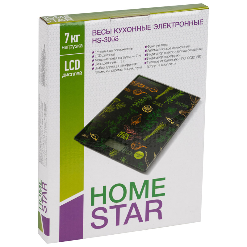 

Кухонные весы электронные HomeStar HS-3008 7 кг, 1 х CR2032, черный (003040), HS-3008