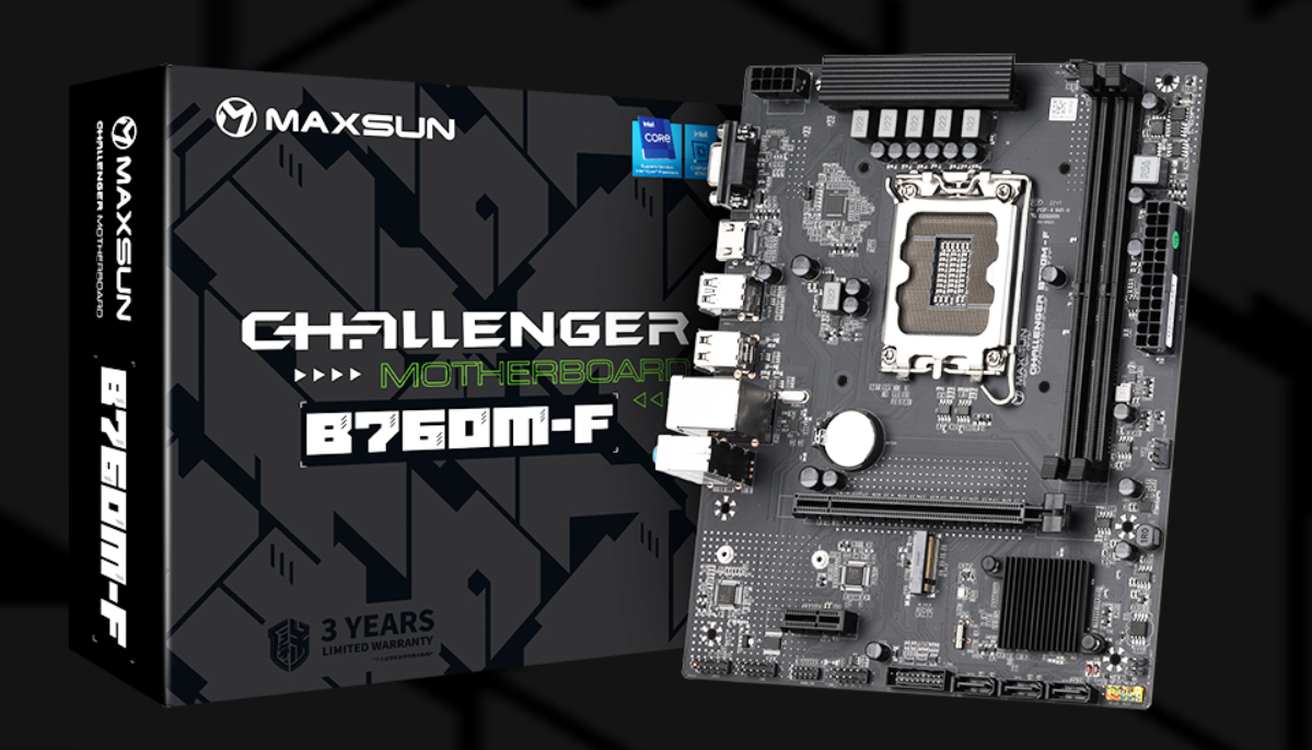 Материнская плата MaxSun Challenger B760M-F, Socket1700, Intel B760, 2xDDR4, PCI-Ex16, 3SATA3, 5.1-ch, GLAN, 3 USB 3.2, VGA, HDMI, mATX, Retail