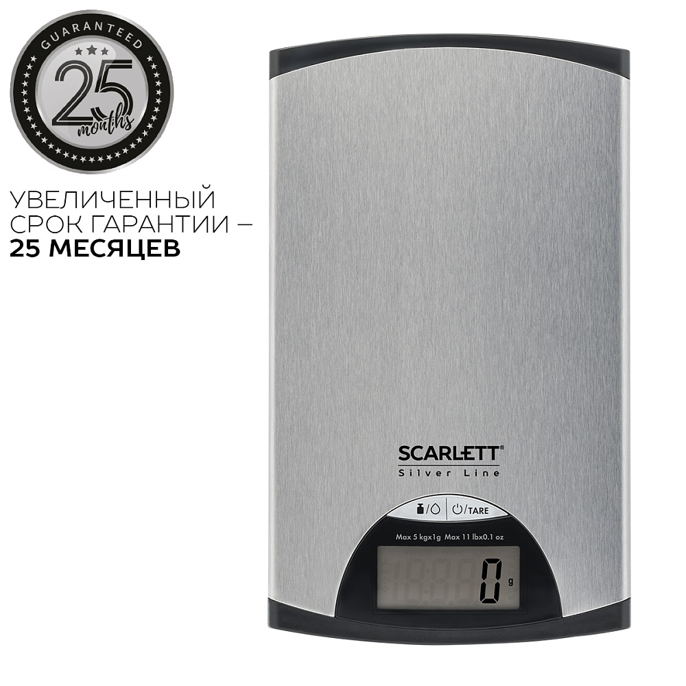 Кухонные весы электронные Scarlett SC-KS57P72 5 кг, CR2032, серебристый металлик/черный (SC-KS57P72), цвет серебристый металлик/черный