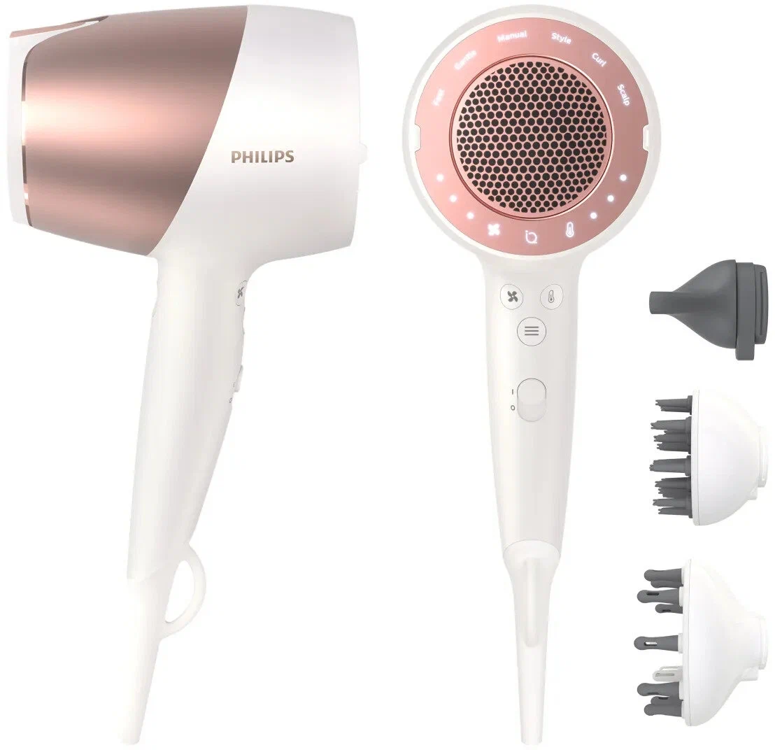 

Фен Philips Prestige BHD827/00 1.8 кВт, режимов: 3, насадок: 3, ионизация, белый/золотистый (BHD827/00), BHD827/00