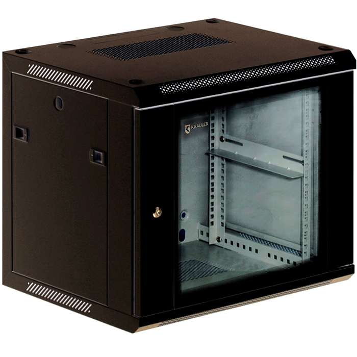 Шкаф телекоммуникационный настенный 9U 600x450, стекло, черный, в сборе, KRAULER KRC76409 б/у, с внутреннего использования, следы эксплуатации, царапины на корпусе комплект: дверца, ключи