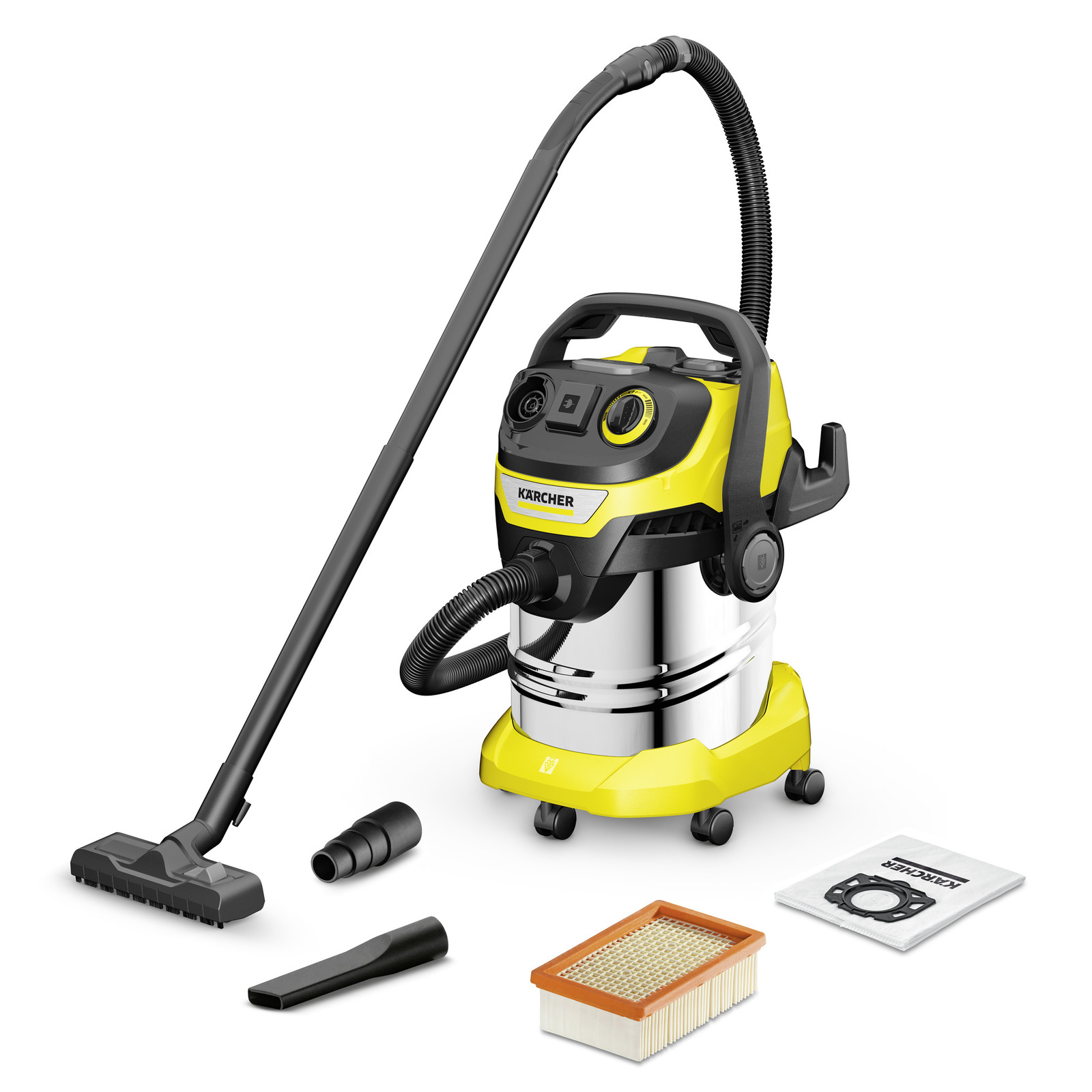 Строительный пылесос KARCHER WD 5 P S V-25/5/22, сетевой, 1.1 кВт, влажная, сухая уборка, объем пылесборника 25 л, контейнер, мешок, диаметр шланга 3.5 см, длина шланга 2.2 м, встроенная розетка, 8.9 кг (1.628-356.0)