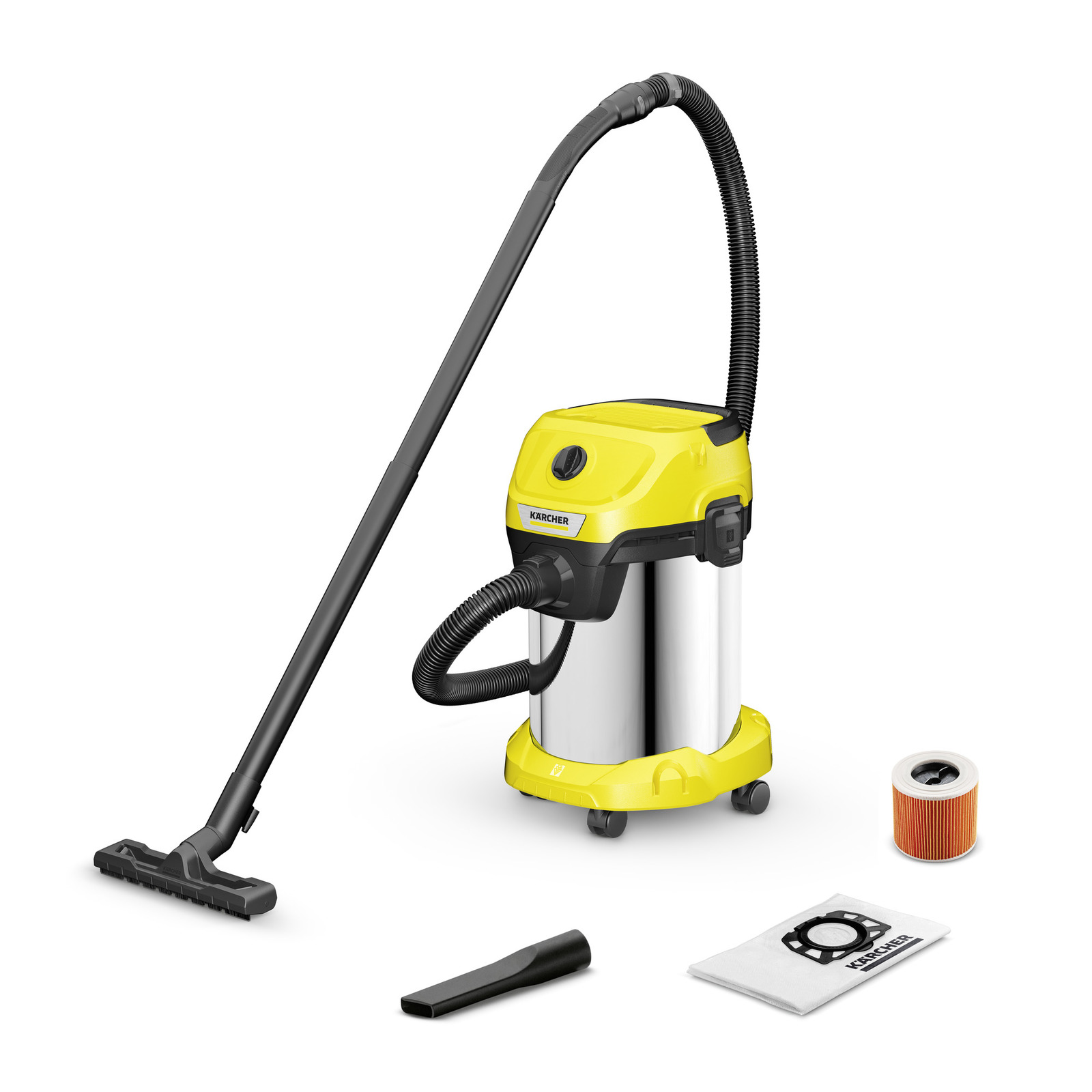 Строительный пылесос KARCHER WD 3 S V-19/4/20, сетевой, 1 кВт, влажная, сухая уборка, объем пылесборника 19 л, контейнер, мешок, диаметр шланга 3.5 см, длина шланга 2 м, 4.9 кг (1.628-141.0)