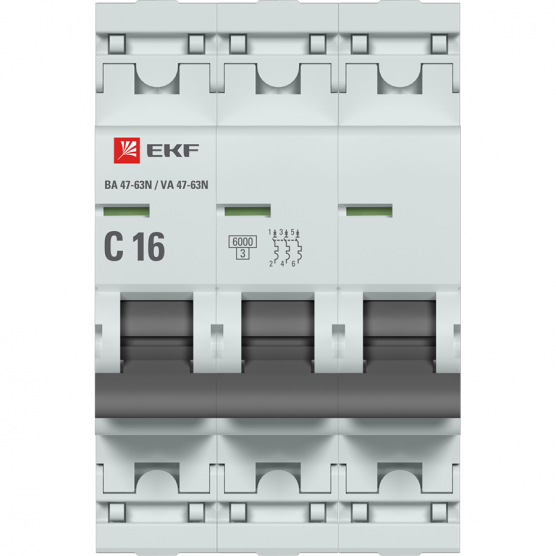 

Выключатель автоматический EKF ВА 47-63N PROxima трехполюсный (3P/3П) 16А C 6 kA (M636316C), ВА 47-63N