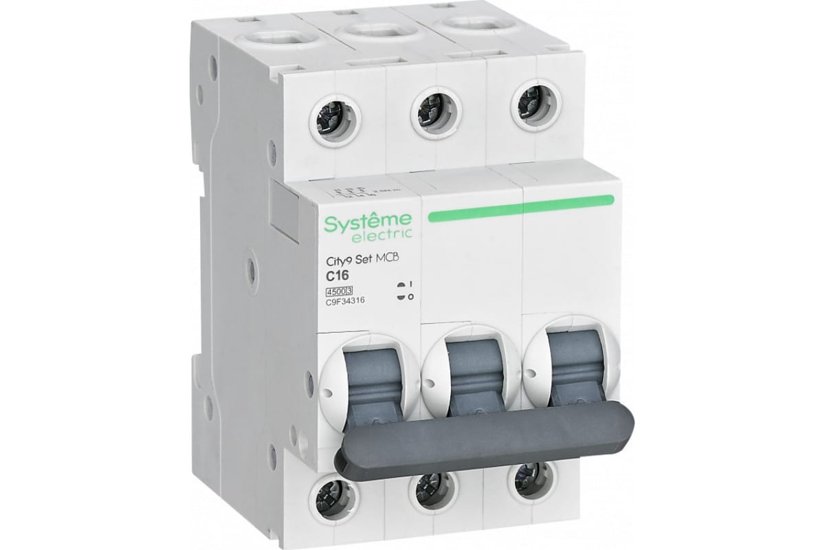 

Выключатель автоматический Systeme Electric C9F34316 City9 Set трехполюсный (3P/3П) 16А C 4.5кА (C9F34316), C9F34316
