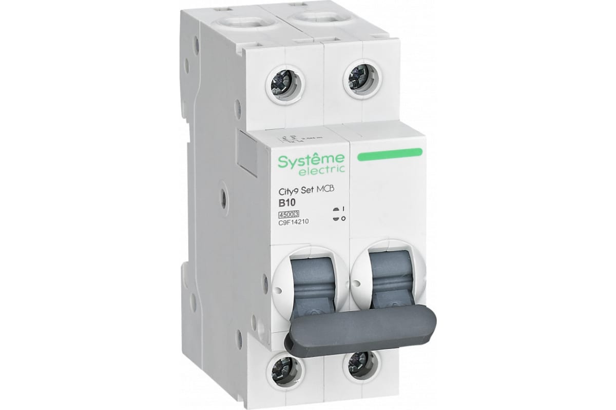 

Выключатель автоматический Systeme Electric C9F14210 City9 Set двухполюсный (2P/2П) 10А B 4.5кА (C9F14210), C9F14210