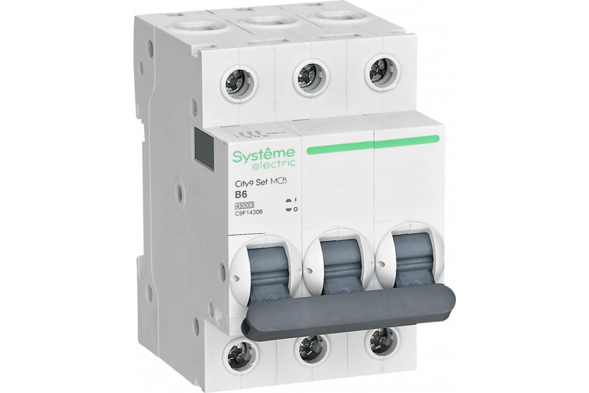 

Выключатель автоматический Systeme Electric C9F14306 City9 Set трехполюсный (3P/3П) 6А B 4.5кА (C9F14306), C9F14306