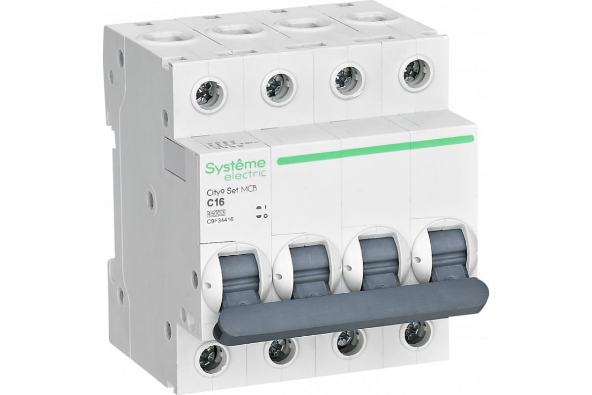 

Выключатель автоматический Systeme Electric C9F34416 City9 Set четырехполюсный (4P/4П) 16А C 4.5кА (C9F34416), C9F34416