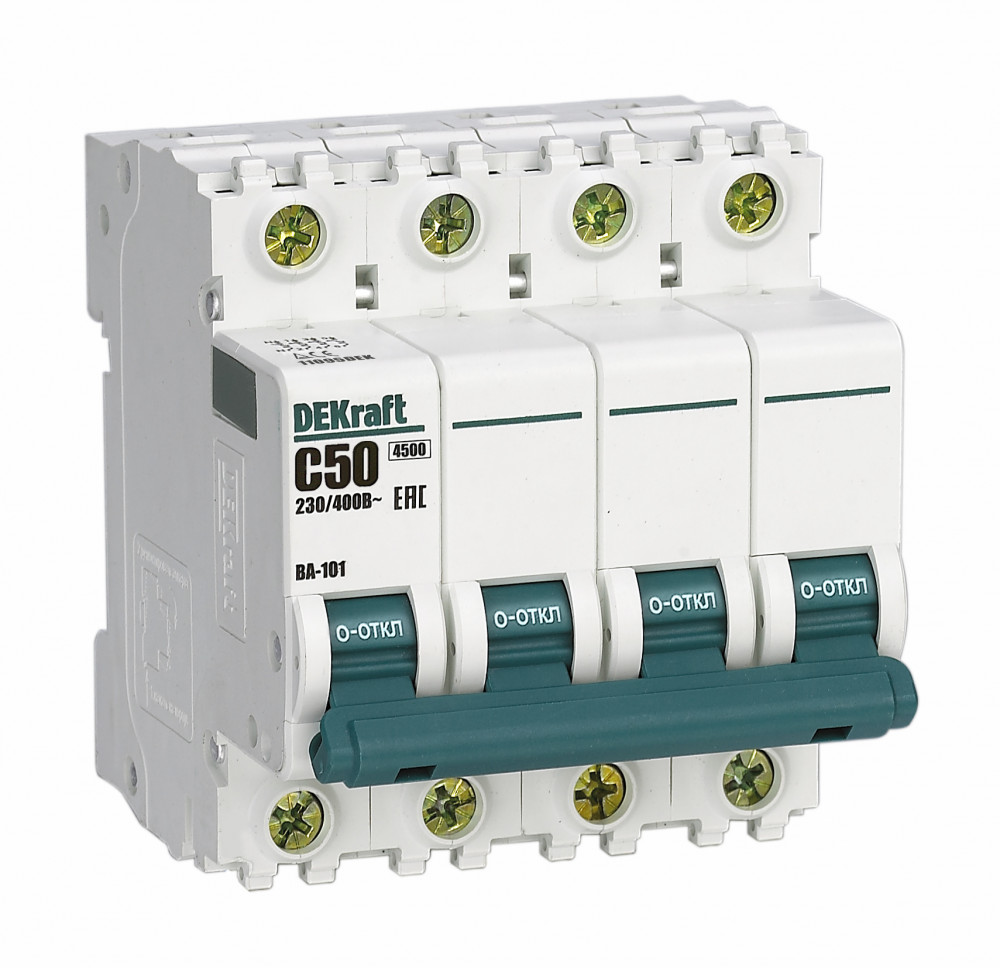 

Выключатель автоматический Systeme Electric BA-101 DEKraft четырехполюсный (4P/4П) 50А C 4.5кА (11095DEK), BA-101