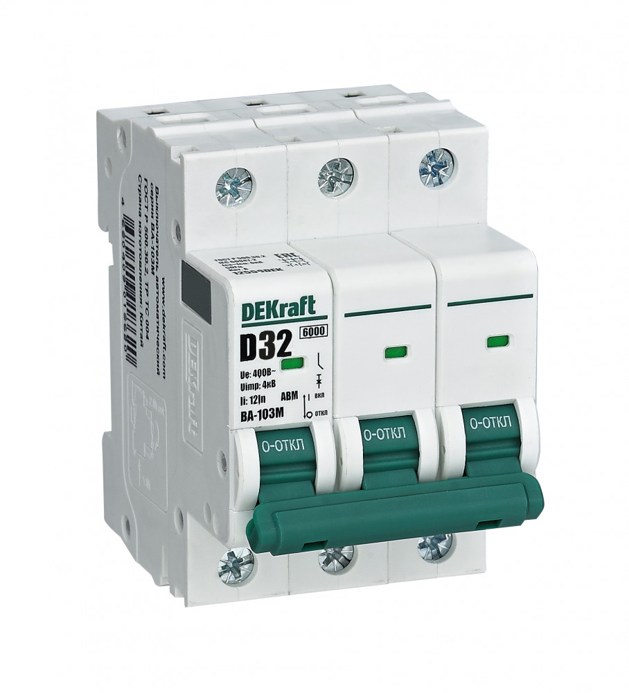 

Выключатель автоматический Systeme Electric ВА-103M DEKraft трехполюсный (3P/3П) 32А D 6 kA (12559DEK), ВА-103M