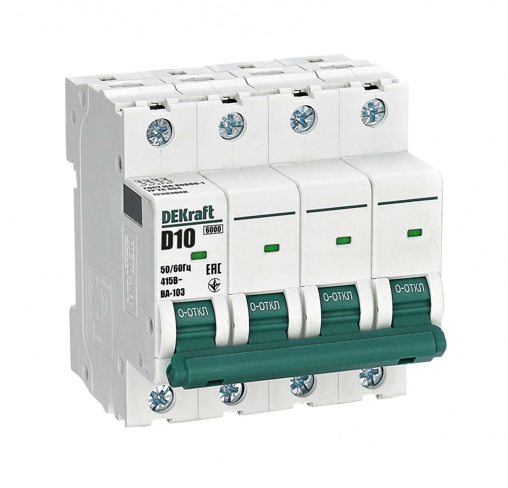 

Выключатель автоматический Systeme Electric ВА-103 DEKraft четырехполюсный (4P/4П) 10А D 6 kA (12383DEK), ВА-103