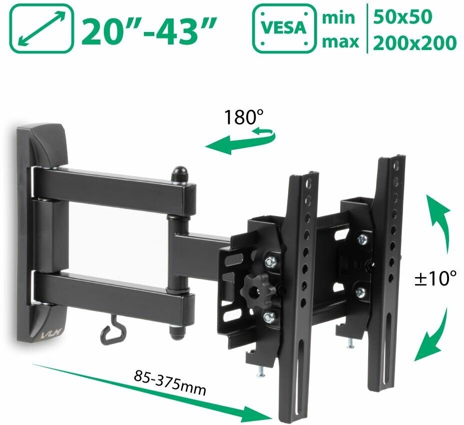 

Кронштейн настенный для телевизоров VLK TRENTO-13, VESA 50x50мм-200x200мм, наклонный, поворотный, портрет-альбом, до 30 кг, черный (51019), TRENTO-13