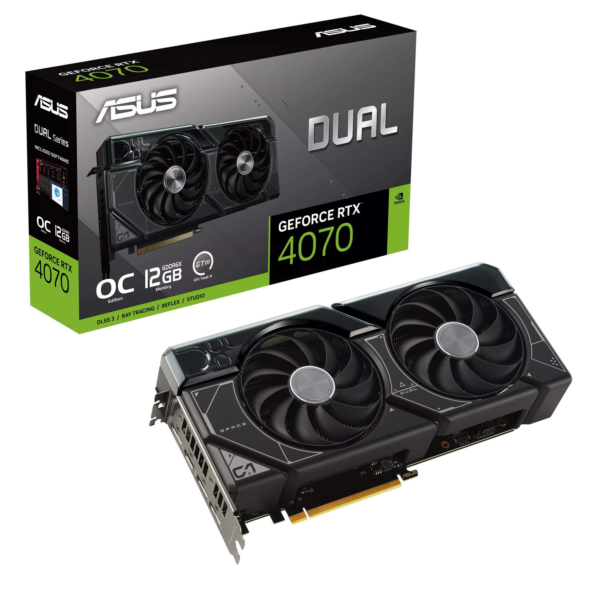 

Видеокарта ASUS NVIDIA GeForce RTX 4070 Dual OC, 12Gb GDDR6X, 192 бит, PCI-E, HDMI, 3DP, Retail (DUAL-RTX4070-O12G), Dual OC