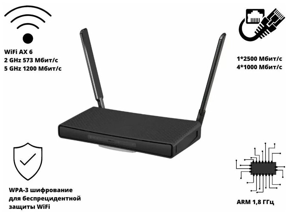 Wi-Fi роутер MikroTik HAP AX³, 802.11a/b/g/n/ac/ax, 2.4 / 5 ГГц, до 1.2 Гбит/с, LAN 4x1 Гбит/с, WAN 1x2.5 Гбит/с, внешних антенн: 2x5.5 дБи, 1xUSB 3.0 (C53UiG+5HPaxD2HPaxD)