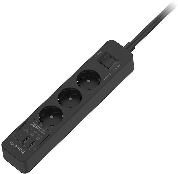 Сетевой фильтр HARPER UCH-430, 3-розетки, 2 USB и 1USB-C, 3 м, черный (h00003202)