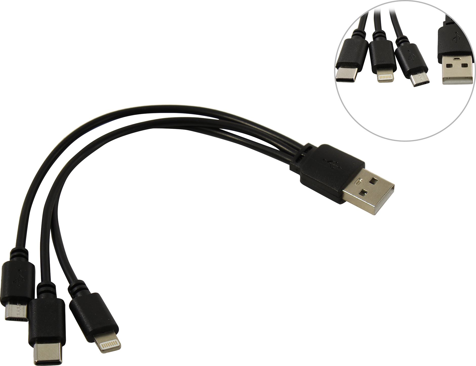 

Кабель-переходник (адаптер) USB-Micro USB+USB Type-C+Lightning 8-pin, 20 см, черный, KS-IS KS-478B (KS-478B-0.2/0.15), KS-478B