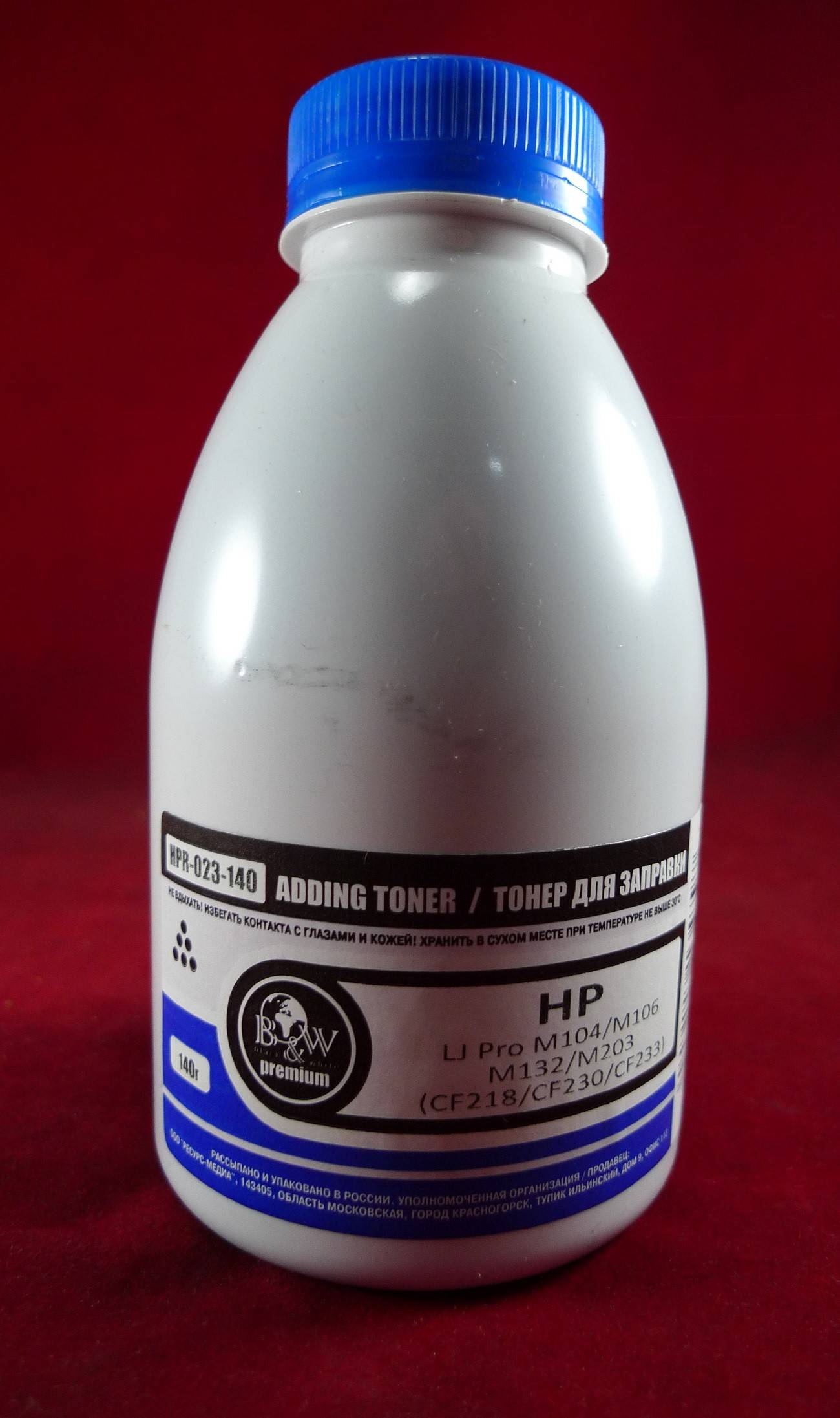 

Тонер B&W HPR-023-140, бутыль 140 г, черный, совместимый для J M104/M106/M132/M203 (CF218/CF230/CF233), Premium, HPR-023-140