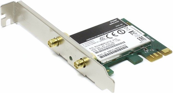 Адаптер Wi-Fi D-link DWA-582, 802.11a/b/g/n/ac, 2.4 / 5 ГГц, до 1.17 Гбит/с, 18 дБм, PCI-E, внешних антенн: 2x5 дБи (DWA-582/RU/B1A) б/у, неоригинальные антенны