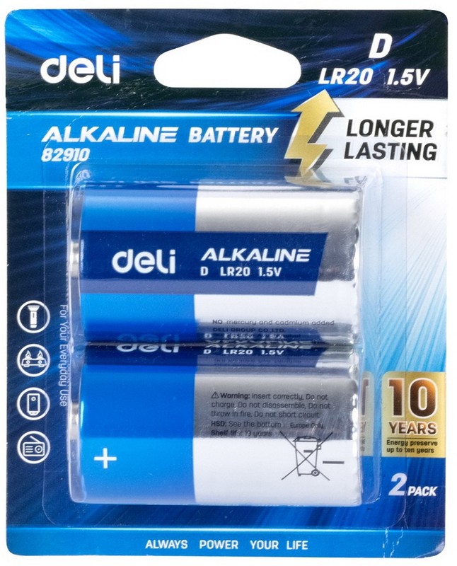 Батарея Deli E82910, D (LR20), 1.5V, 2 шт. (D LR20 2PCS)