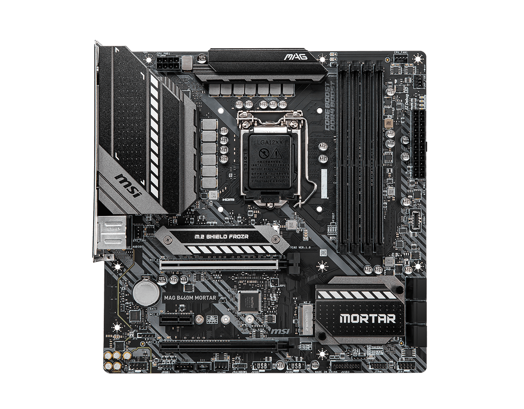 Материнская плата MSI MAG B460M MORTAR, Socket1200, Intel B460, 4xDDR4, 2PCI-Ex16, 6SATA3, 7.1-ch, 2.5GLAN, 5, 2USB Type-C, HDMI, DisplayPort, mATX, Retail б/у, после ремонта (ремонт авторизованным СЦ), следы эксплуатации/установки, в комплекте руководство, болтики m.2, коробка, отсуствует пассивный радиатор M.2 Shield Frozr