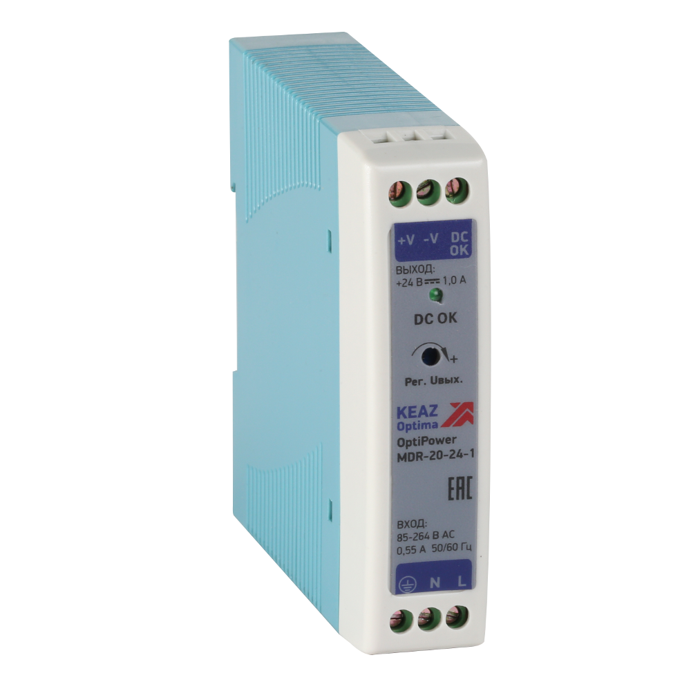 

Блок питания КЭАЗ OptiPower MDR-20-24-1, на DIN-рейку, белый/голубой (284539), OptiPower MDR-20-24-1