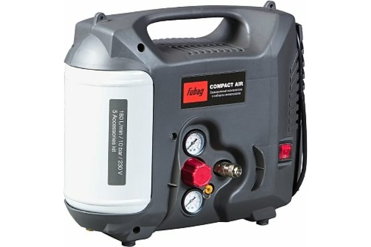 

Компрессор воздушный Fubag COMPACT AIR, 1.3 кВт, 9.87 атм, 180л/мин, 220В, 5 л, безмасляный, электрический, поршневой, коаксиальный (прямой), набор пневмоинструментов (6412320), COMPACT AIR