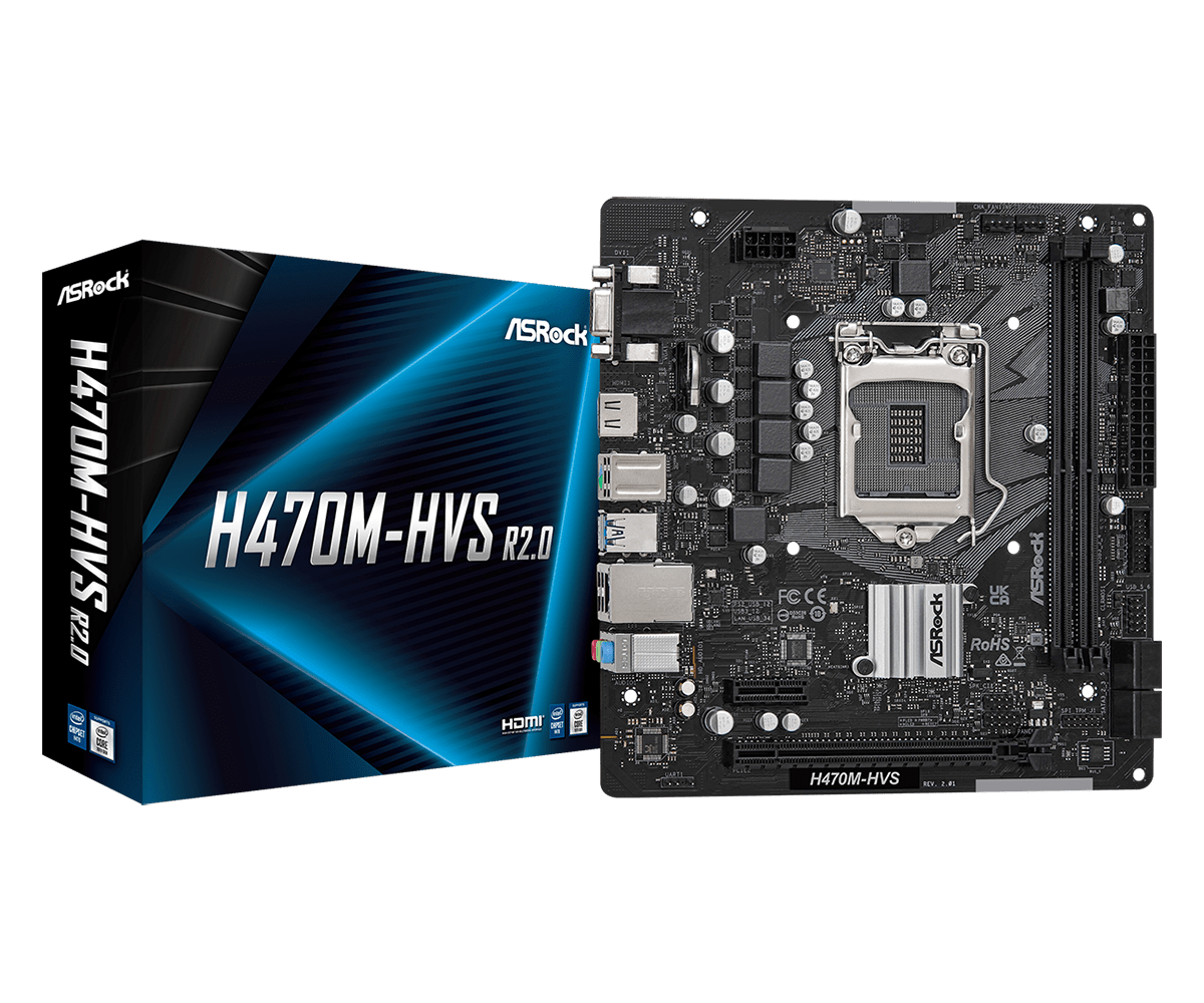 

Материнская плата ASRock H470M-HVS R2.0, Socket1200, Intel H470, 2xDDR4, PCI-Ex16, 4SATA3, 7.1-ch, GLAN, 4 USB 3.2, VGA, HDMI, mATX, Retail, H470M-HVS R2.0