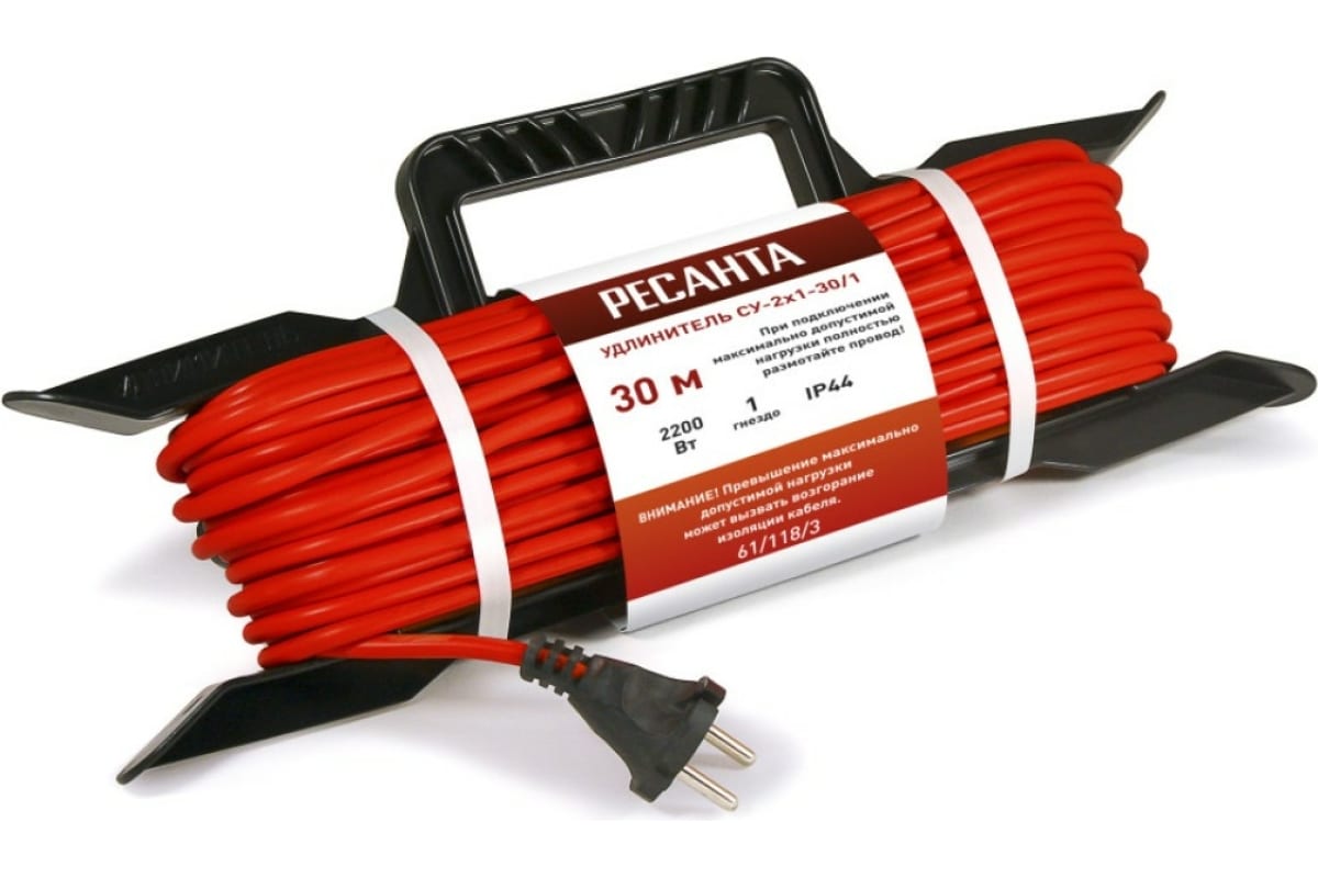 

Удлинитель на рамке РЕСАНТА СУ-2x1-30/1, 1-розетка, 30 м, черный/красный (61/118/3), СУ-2x1-30/1