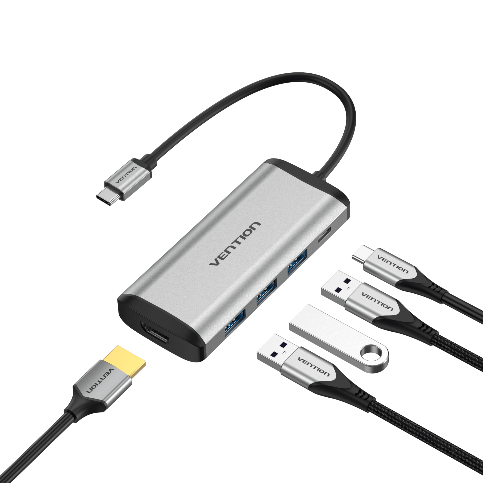 USB-концентратор Vention, 3xUSB 3.0, 1xUSB-C, черный/серебристый + HDMI (4K@30Hz), PD (100W) (CNBHB)