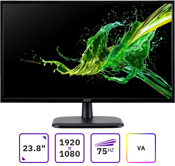 

Монитор 23.8" Acer EK240YCbi VA, 1920x1080 (16:9), 250кд/м2, 5мс, 178°/178°, FreeSync, VGA, HDMI, черный (UM.QE0EE.C01), EK240YCbi