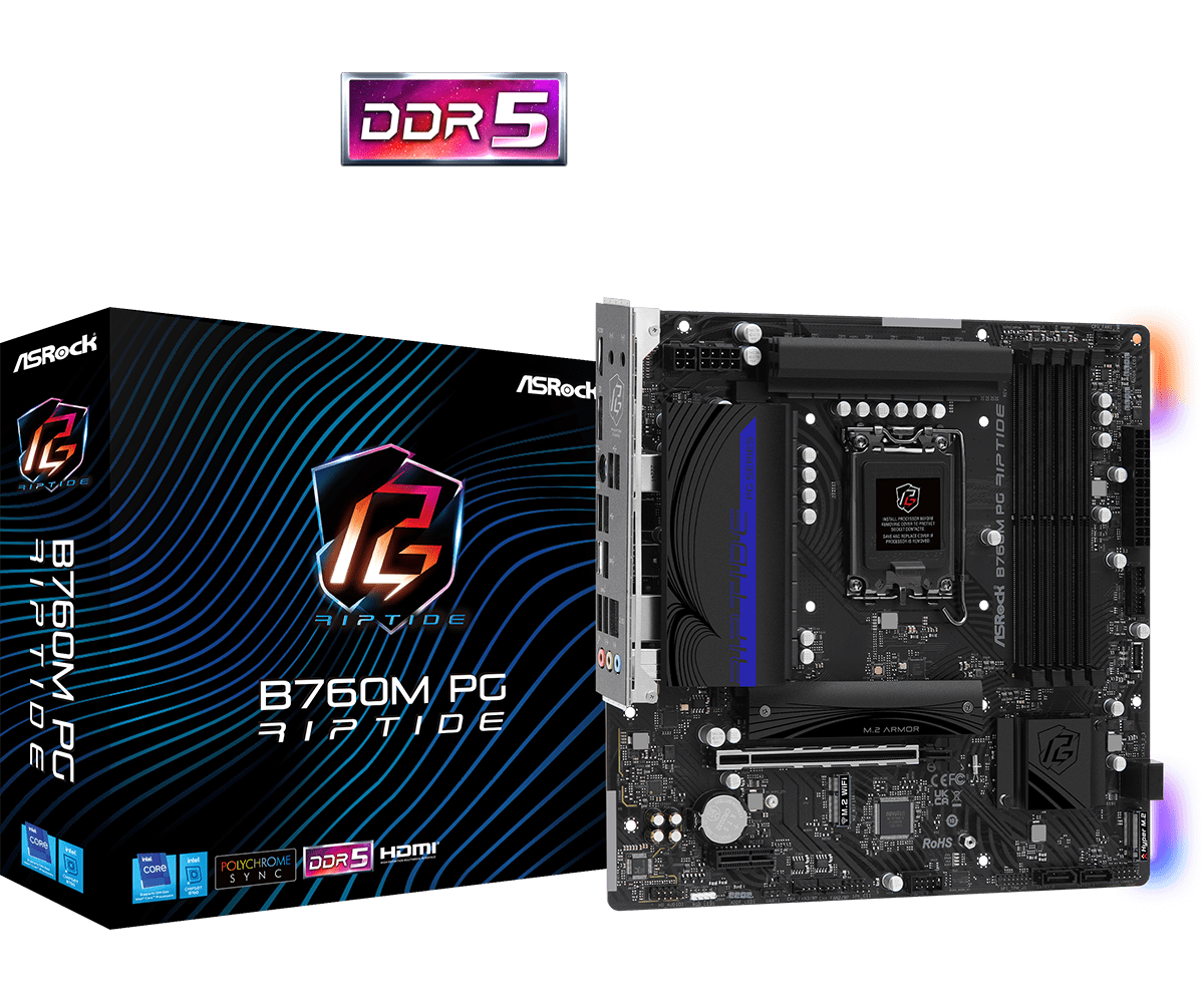 

Материнская плата ASRock B760M PG RIPTIDE, Socket1700, Intel B760, 4xDDR5 DIMM, PCI-Ex16, 4SATA3, 7.1-ch, 2.5GLAN, 5 USB 3.2, 2 USB Type-C, HDMI, DP, mATX, Retail, B760M PG RIPTIDE