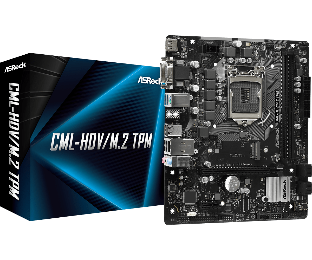 

Материнская плата ASRock CML-HDV/M.2 TPM, Socket1200, Intel H310, 2xDDR4, PCI-Ex16, 4SATA3, 7.1-ch, GLAN, 4 USB 3.2, VGA, DVI, HDMI, mATX, Retail, CML-HDV/M.2 TPM